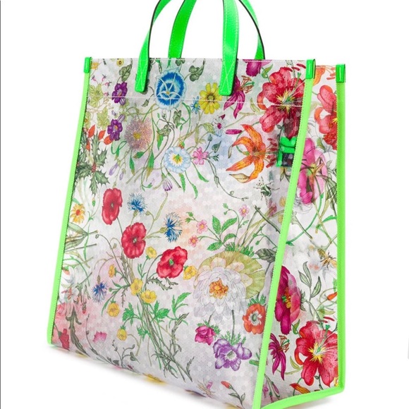 NWT Rare Color Large Gucci tote bag Flora vinyl Fluorescent green - Picture 3 of 5